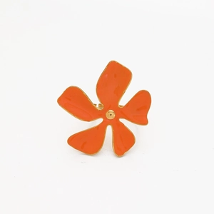 Detailed macro view of an orange enamel flower ring with gold plating and adjustable band