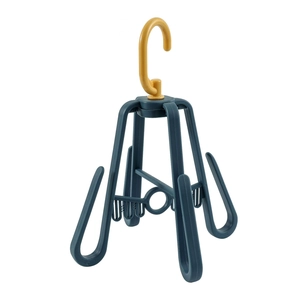 Rotating multifunctional shoe drying rack in navy blue and yellow with swivel hooks