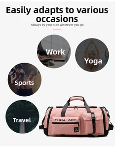 Pink multi-functional sports gym bag showing work, yoga, fitness, and travel usage scenes