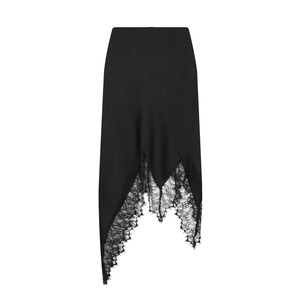 Women Elegant Black Satin Midi Skirt Irregular Eyelash Lace Patchwork Hem Straight Blended Skirt For Office Party Commute
