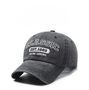Detail of vintage washed baseball cap featuring classic 1889 3D embroidery and stitching