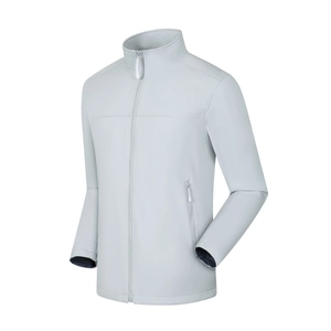 Waterproof softshell hiking jacket in light grey with standing collar and zip pockets