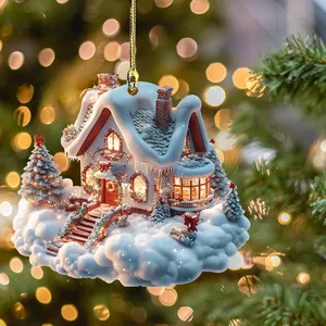 Close-up of Christmas dream cloud house acrylic pendant with golden hanging string