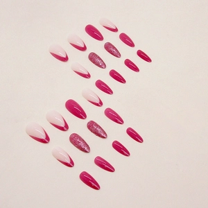 Sparkly magenta almond press-on nails set featuring solid color and French tip designs