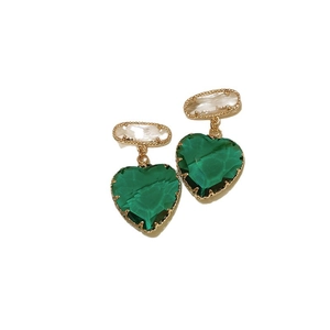 Elegant gold-framed green heart crystal and white oval pendant earrings for daily wear