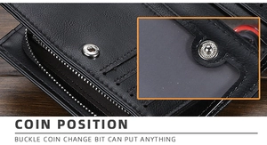 Detail view of leather wallet featuring secure zipper coin pocket and metal snap button