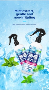 Cooling mist spray 300ml bottle shown with ice cubes and water splashes for summer heat