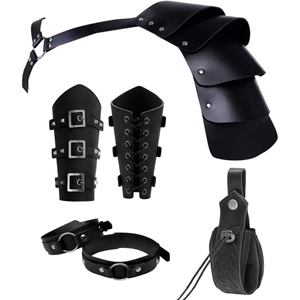 Detailed black leather bondage set including shoulder armor, bracers and straps with studs