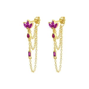 Detail of gold tassel earrings with marquise purple stones and long chain drops