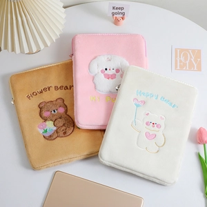 Cute plush tablet sleeve for iPad 11 inch featuring bear and bunny embroidery