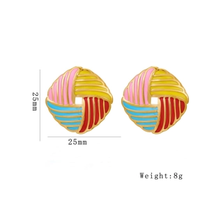 304 stainless steel square earrings with colorful woven enamel pattern and gold border