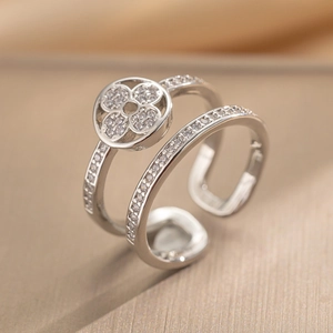 Double-layered silver ring with zircon clover and pavé set diamonds for women