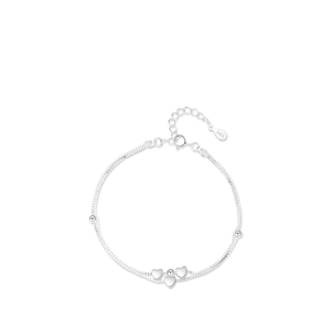 Minimalist S925 sterling silver double layer bracelet with heart charms and beads on white background