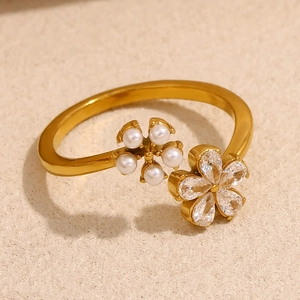 Flower Open Ring 18K Gold Plated Stainless Steel With Zircon And Artificial Pearl Adjustable Jewelry For Women