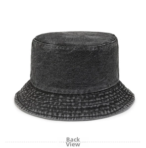 Detail of grey washed denim bucket hat showing back view and reinforced brim stitching