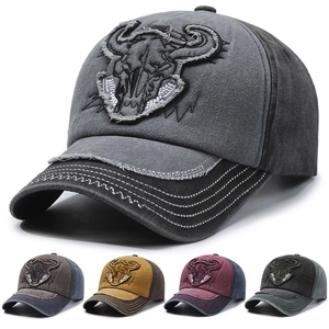 Casquette De Baseball Vintage En Coton Lavé Avec Broderie Crâne De Taureau Chapeau Rétro Western Distressed Pour Hommes Femmes