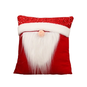 Christmas Santa plush pillow with red sequin hat and white faux fur beard on white background