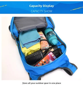 Spacious main compartment of blue outdoor backpack showing storage for hiking gear