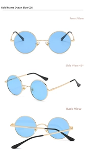 Detailed views of vintage round polarized sunglasses with gold frame and ocean blue lenses