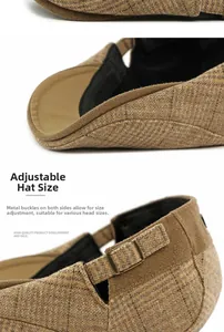Detail of adjustable metal buckle on brown plaid wool flat cap showing size adjustment feature