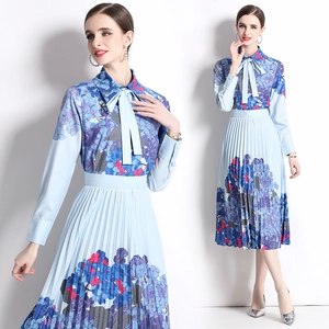 Floral Polyester Shirt And Pleated Skirt Long Sleeve Bow Tie Neck Hydrangea Print Elegant Romantic Fashion For Women
