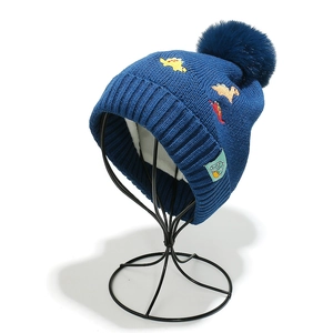 Close-up of navy blue knit hat featuring colorful dinosaur embroidery and fleece lining
