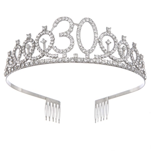 Sparkling silver metal 30th birthday crown headband with rhinestones for party