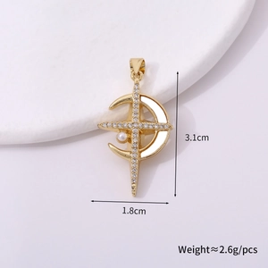 Detailed size view of a gold moon and star pendant with white pearl and rhinestones