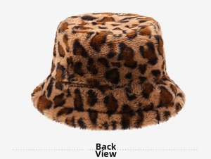 Detailed back view of a plush leopard print bucket hat with warm faux fur texture
