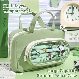Large Capacity Pencil Case Oxford Cloth Double Compartment Portable Student Stationery Organizer Transparent Window Makeup Bag