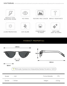 Detailed size specifications for cat eye sunglasses with UV400 lens and PC frame features