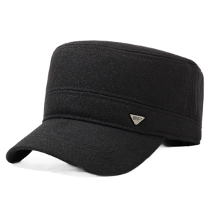Black winter military flat top hat for men with metal badge and wool texture fabric