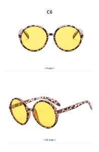 Detailansicht der runden Oversize-Sonnenbrille mit Schildpattrahmen und gelben Gläsern