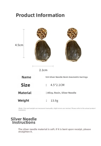 Detail view of resin geometric earrings with 925 silver needles and size measurements