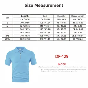 Detailed size chart for men's half-zip polo shirt with measurements from S to 3XL