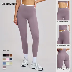 Violette High Waist Yoga Leggings mit weißem Kontrastrand und Po-Lifting Nahtdesign