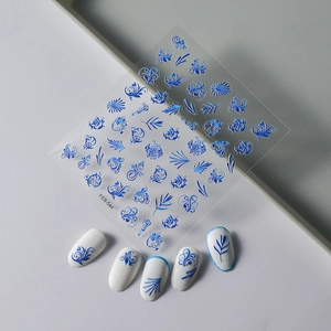 5D embossed Klein blue nail stickers featuring floral swirls and linear nail art patterns