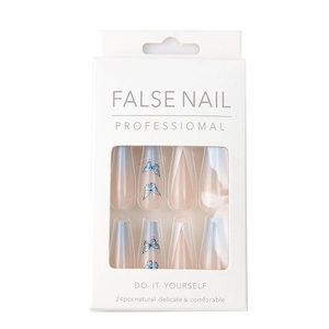 Blue butterfly gradient false nail set with V-shaped French design and 24 long coffin tips