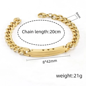 Detail view of gold stainless steel Cuban ID bracelet with specific size measurements