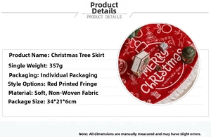 Detail of red Christmas tree skirt with white tassels and holiday printing motifs