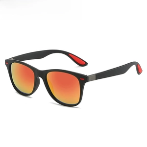 Detail of matte black sports sunglasses with orange-red gradient mirrored lenses