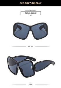 Detailed front and side view of Y2K wrap-around oversized black frame sunglasses