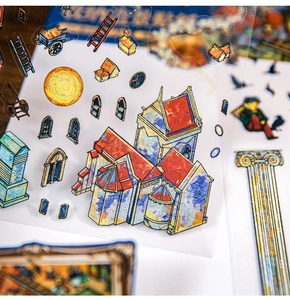 Macro shot of PET stickers featuring impressionist oil painting style European buildings