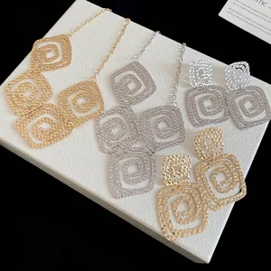 Square Spiral Hammered Texture Necklace And Earrings Alloy Jewelry With Silver Earring Post Women Statement Luxury