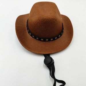 Close-up of brown felt cowboy hat with gold star band and adjustable chin strap