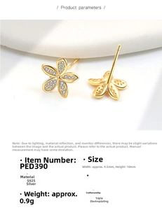 Detailed view of S925 silver flower stud earrings with dimensions and triple-layer plating