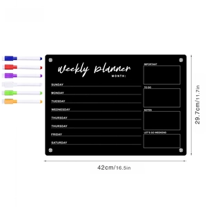 Magnetic black acrylic weekly calendar board for fridge with 6 colored markers