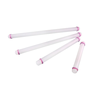 White 9-inch PP rolling pin for baking with pink and purple silicone spacer rings