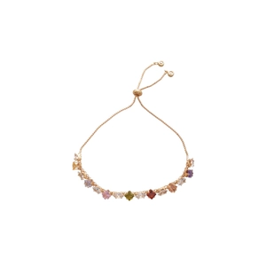 Adjustable gold bracelet featuring colorful square-cut zircon stones on a white background