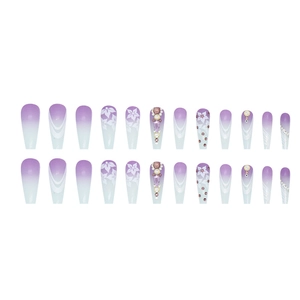 Faux ongles ballerine longs dégradé violet avec motifs floraux et strass de luxe